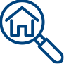 Assess and Remove Existing Siding icon, magnifying glass icon with a simple icon of a home inside of it