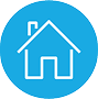 Blue, circle icon with house in the center