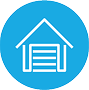 Blue, circle icon with garage in the center